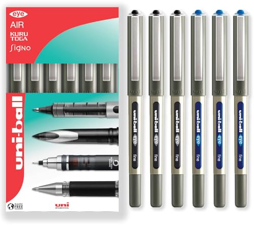 uni-ball Eye UB-157 Tintenroller, 0,7 mm Spitze, in Geschenkverpackung, 6 Stück, Schwarz und Blau