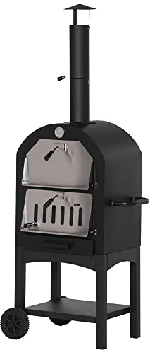 Outsunny 2-In-1 Pizzaofen Outdoor mit Rollen Grillofen mit Schutzhülle Pizzaschaufel 2 Grillnetzen Grillwagen mit Schornstein 3-Tier Holzbackofen für BBQ Stahl Schwarz+Silber 63 x 54 x 161 cm