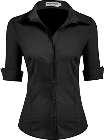 Hotouch Camisa de Algodón con Botones Mujer Blusa de Manga 3/4 Color sólido Blusa Cuello en V Camiseta Casual Shirts Elegante Camisa Basica Parte Superior Negro S