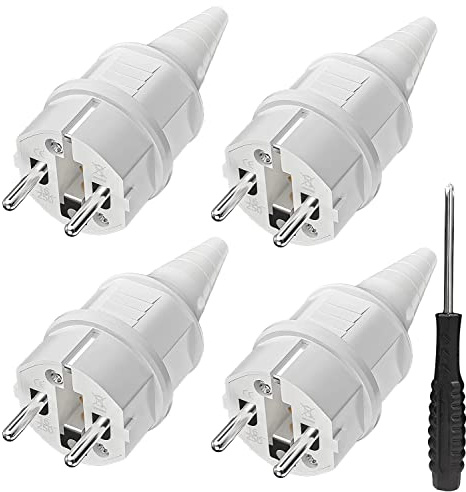 Schuko Stecker mit Knickschutz [4 Stücke], 4 X Gummi Schutzkontaktstecker (250V/16A) +1 X Schraubendreher, Steckdosenstecker Stecker Aussen, Stromstecker IP44 Wasserdicht für Außenbereich, Weiß