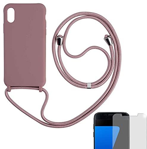 Eximmobile Hülle mit Band + 9H Panzerfolie Kompatibel mit Apple iPhone 12 Mini in Rosa Handykette Rubber Handyhülle mit Kette für Smartphone Schutzhülle mit Kordel Matt Case