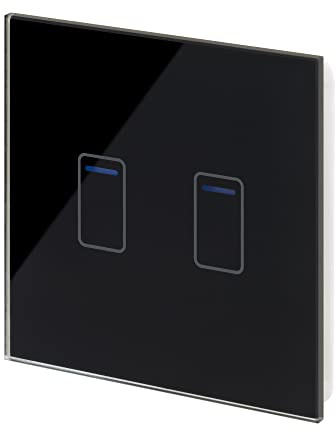 Retrotouch Crystal Touch Switch | LED Light Indicator | 2 Gang 1 Way 300W | Stylish Black Glass Finish | Screwless Front | 35mm Back Box No-Neutral Required | Luxury Home & Bathroom Light Switches