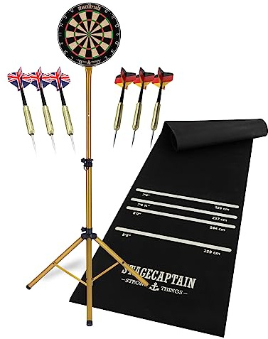 Stagecaptain DBS-1715 Bullseye Pro Diana Profesional de Steeldarts de Sisal con Alfombra de Goma, Soporte Ajustable, 6 Dardos y 4 Juegos de Flights - Oro.