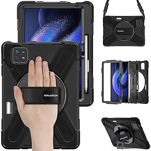 BRAECN Funda para Xiaomi Mi Pad 6/6 Pro - 11 Pulgadas 2023 Negro rugerizada | Carcasa Rugosa con Soporte de Rotación de 360°, Correa de Mano/Hombro, resistente
