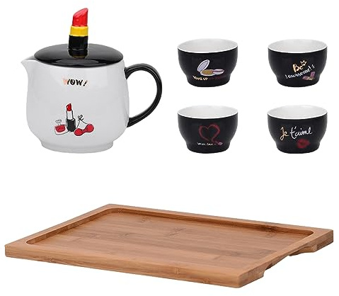Cute Girl Heart Juego de té de cerámica con vaso de té y bandeja, juego de agua de cerámica de dibujos animados con una olla y cuatro tazas para oficina casa-lápiz labial
