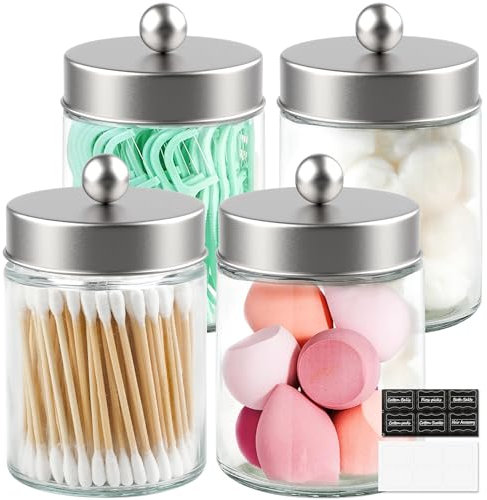 Goramio 4-pack apotekarburkar i glas med lock – söt Qtip hållare, silver badrumstillbehör set, små behållare för Q-tips, bomullspinnar, silver badrumsdekor