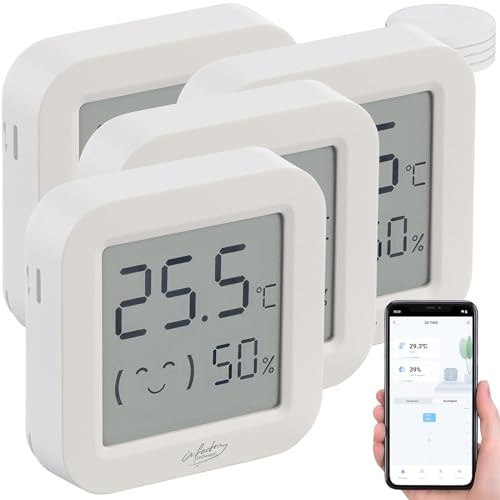 infactory Temperaturmessgerät: 4er-Set Mini-Thermo-/Hygrometer, Komfort-Anzeige, LCD, Bluetooth, App (Digitale Temperaturanzeige, Datenlogger Temperatur, Feuchtigkeitssensor)