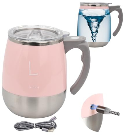 daasigwaa Rechargeable Self Stirring Mug - Magnetic Electric Auto Mixing Stainless Steel Cup for Office/Kitchen/Travel/Home Coffee/Tea/Hot Chocolate/Milk-390 ml/13.2 oz(Pink)