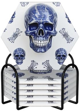 Untersetzer mit blauem Totenkopf auf weißem Hintergrund, 6 Stück, saugfähige Keramik-Untersetzer mit Korkboden und Metallhalter, für Heimdekoration, Küche, Geschenk