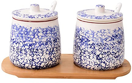 Dispensador azucarero,bote condimento, Azucarero con diseño de flores azules con tapa y cuchara, tarro de cerámica for almacenamiento de azúcar de 430 ml (15 oz), azucarero de porcelana, for cafetería