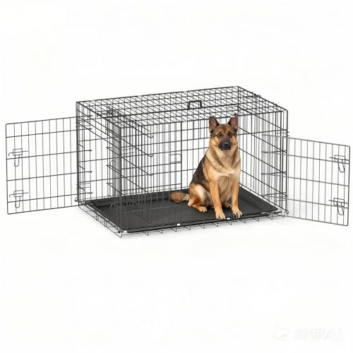 BestOffice Hundekäfig zusammenklappbar | 107x69x76cm | XL | Schwarz | Hundetransportbox,Doppeltür,ausziehbar Kunststofftablett und Griff，Transportbox- Haustiere, Innen und Außenbereich