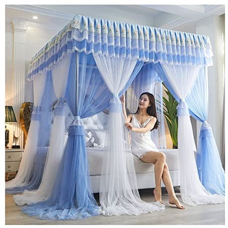 4 Ecken Pfosten-Himmelbett-Vorhang, Prinzessin, bestickte Spitze, Rüschen, Betthimmel, Betthimmel-Vorhang für Mädchen und Erwachsene, Doppellagiges, transparentes Netz-Moskitonetz