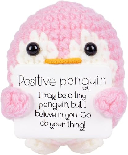 CAREOR Positive Penguin, 2.6 Inch Knitted Toy, Handmade Mini Funny Crochet Doll with Positive Cards, Encouraging Gift for Home & Office Decor (Pink)