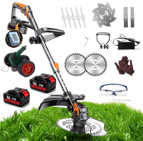 Taglia Erba Da Giardino A Batterie,2000w Taglia Erba Da Giardino Elettrico Potente Con 2 Batterie, 4 Tipi Di Lame, Testata Regolabile E Maniglia Telescopica Per Prato Campo Da Giardino (Ha le ruote)