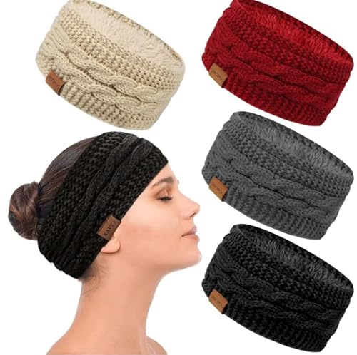 PROPOG Stirnband Damen Winter, 4 Stück Strick Ohrenwärmer Damen Verdicken Haarband Gefüttert stirnbänder Fleece Kopfband Warmes Headband Weihnachtshaarreif Accessories für Laufen Workout Skifahren