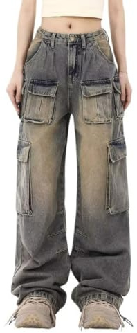 POHADON Jeans cargo da donna a gamba larga dritta pantaloni larghi in denim con tasca con patta vestibilità rilassata Streetwear Y2K Grunge vestiti, Giallo, M