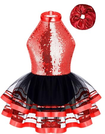 Mufeng Robe Tutu Danse Classique Fille Métallique Brillant Robe Ballet Danseuse avec Headwear Justaucorps Gymnastique Enfant Tenue Patinage Danse #4-16 Rouge 11-12 Ans