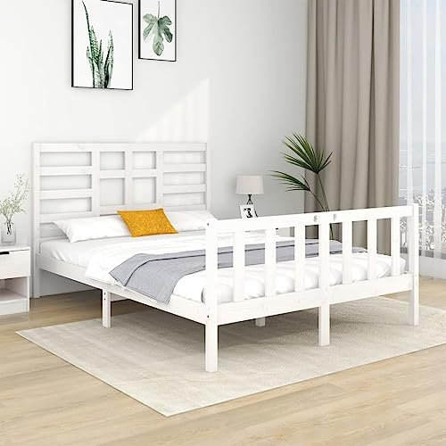 OHOOWOO Massivholzbett Weiß 140x190 cm,Doppelbett aus Kiefernholz mit Massivholzrahmen und rustikalem Design