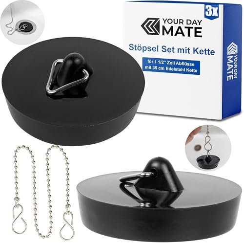 Bouchons avec chaîne, 2 Bouchons, en Noir, Ø 41 sur 36 mm de diamètre, Bouchon de vidange en PVC pour Les têtes de vannes de 1 1/2 Pouces dans la Cuisine et la Salle de Bain
