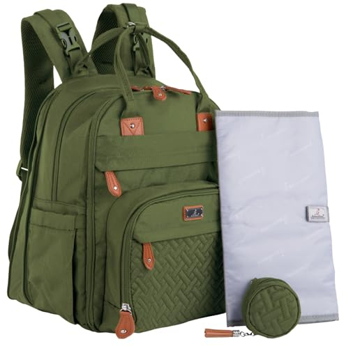 BabbleRoo Extra Large Diaper Bag Backpack, Expandable Baby Bag with Up to 50% More Capacity - Travel Essentials Baby Bag Tote with Changing Pad, Stroller Straps & Pacifier Case - Unisex, Forest Green
