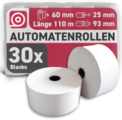 GEBONGT24 Thermorollen 60 mm x 110 m x 25 mm, BPA-frei, 30 Bonrollen mit 55 g/m², langlebig & FSC-zertifiziert mit ∅ 93 mm - Automatenrollen für Kassen, Belegdrucker & Kiosk-Drucker