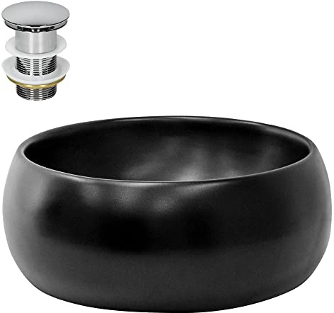 LuxeBath Waschbecken Keramik rund Ø 400x155 mm Schwarz mit Ablaufgarnitur Silber, Aufsatzwaschbecken für Badezimmer/Gäste-WC, Modernes Aufsatzbecken, Waschtisch Waschschale Waschplatz Handwaschbecken