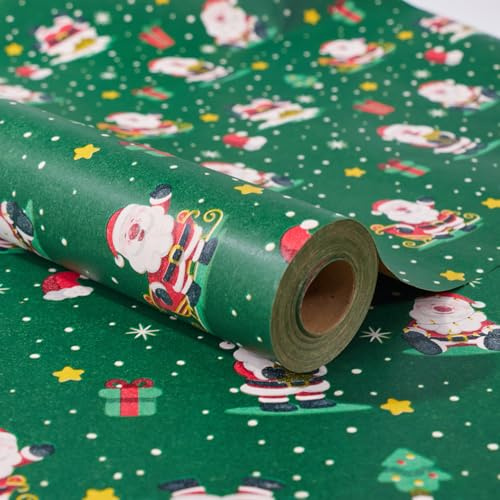 Rotolo di carta da regalo natalizia, 43 cm x 15 m, carta da regalo per Natale, feste, decorazioni natalizie (Babbo Natale verde)