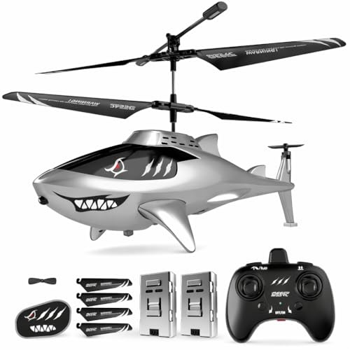 DEERC Remote Control Helicopter for Kids and Adults, RC Shark Helicopter with Altitude Hold, One Key Takeoff/Landing, LED Lights, 2 Batteries, 24 Min Flight Time, Indoor Flying Toy Gift