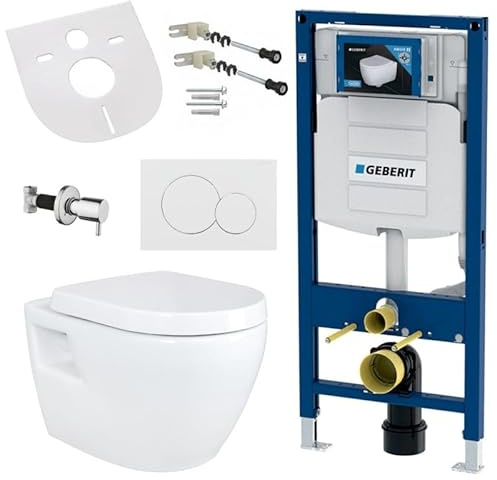 Belvit WC suspendu complet avec fonction bidet, WC mural blanc avec élément mural Taharet et UP320, vanne d'arrêt, céramique sans rebord, siège de WC avec système d'abaissement automatique et plaque