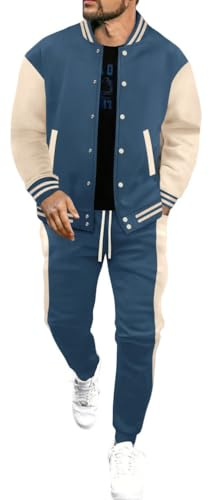 Oanviso Homme Ensemble 2 Pièce Veste De Baseball Varsity Manteau College Jacket à Manches Longues Pantalons Survêtement Automne Hiver Bomber Blouson et Pantalon A Retro Bleu XL