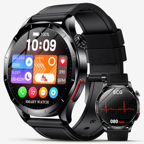 Lgnitek Smartwatch Herren mit EKG+HRV/Blutdruckmessung/Harnsäure/BMI, 1,43 Zoll AMOLED Gesundheitsuhr mit SOS-Notruf, 24/7 Herzfrequenz/Schlafmonitor/SpO2, Android/iOS