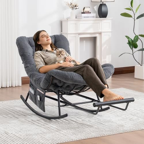 MARSBIRD Schaukelstuhl mit Verlängerbarer Fußhocker, Indoor & Outdoor-Rattansessel ohne Armlehnen mit Kissen und Seitentasche, Rutschfesten Füßen, für Wohnzimmer, Balkon, Schlafzimmer, Grau Cord