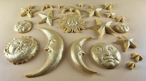 20 x Edible 3D 45mm Moon, Sun and Star Set, icing toppers, cake cupcakes decorations T090 (Gold Sparkle)