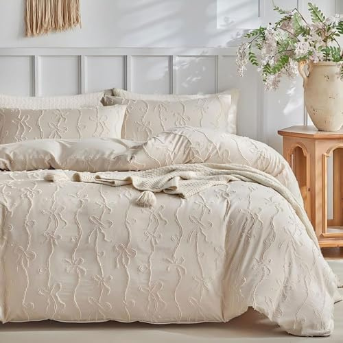 Tospass Boho Bettwäsche 220x240 Beige Getuftet Schleifen Bettwäsche Set | Aesthetic Bettwäsche Shabby Chic, 3teilig Mädchen, Microfaser ÖKO-TEX Bettbezug mit Reißverschluss und 2 Kissenbezug 80x80cm
