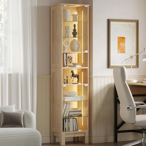 ZKIODV 180cm Glasvitrine Stehend, 8-Lagen Glasvitrine mit Beleuchtung, LED Vitrine mit Glastüren, Verstellbare Einlegeböden, Modern Sammlervitrine Holz für Wohnzimmer Schlafzimmer, 180x40cm (Eiche)
