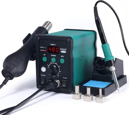 Kit Stazione Saldatura 2 in 1 Stazione di Rilavorazione con Pistola ad Aria Calda e Saldatore Doppio Display Digitale per Dissaldatura e Rilavorazione