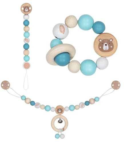 goki 6625 - Baby Greifspielzeug Set Bären, 3-teilig mit Kinderwagenkette, Schnullerkette und Greifling, MADE IN GERMANY Geschenk zur Geburt, fördert Motorik und Greifreflex ab Geburt