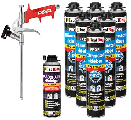 Isolbau B2 Dämmstoffkleber SET - 6 x 750 ml Perimeterkleber, 1 x PU-Schaum-Reiniger & 1x Schaumpistole für EPS & XPS-Platten - 1K PU-Klebeschaum für Fixieren und Isolieren