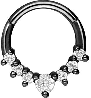 PIERCINGLINE Segmentring Clicker 7 Kristalle Chirurgenstahl Piercing Nase Septum Ohr Helix Tragus Schwarz