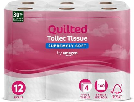 by Amazon 4-Ply Quilted Toilet Tissues, Unscented, 12 Rolls (1 Pack of 12), 160 Sheets per Roll