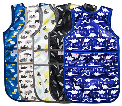 Joyo roy Mess Proof Baby Bibs for Eating Waterproof Toddler Bibs for Boys 2-4 Years Soft Machine Washable Sleeveless Baby Smock Bib Travel Reusable Led Weaning Apron for Feeding Bib with Food Catcher
