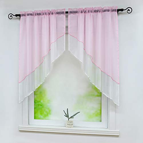 Delien Bistrogardinen mit Durchstangenzug Modern Scheibengardine Voile Türgardine Kurz Stores Zweifarbig Gardinen Doppelschicht Kleinfenster Vorhang Tunnelzug BxH 80x80cm,Rosa