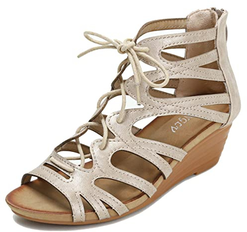 Scaoruki Women Gladiator Sandals Retro Wedge Heel Women Roman Beach Sandals Peep Toe Cage Summer Shoes Thongs Sandals Apricot Size 38
