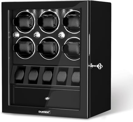 Uhrenbeweger, DUKWIN Automatischer Uhrenbeweger-Box für 2 Uhren mit 3 flexiblen Uhrenkissen, Stauraum und Schmuckaufbewahrung, integrierte weiße LED-Beleuchtung, UK-Stecker, Black 6+5