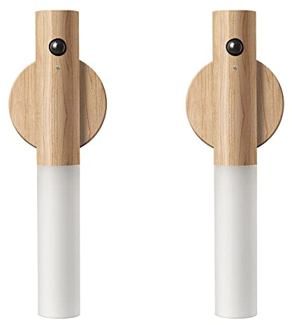 Wooden LED Night Lights Motion Sensor Indoor Magnet Body Rechargeable Wall Mounted Torch Light for Bedroom, Hallway, Stairway and More(White Ash Wood 2PCS)
