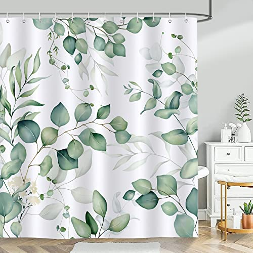 Bonhause Green Leaf Shower Curtain 180 x 180 cm Watercolor Eucalyptus Leaves Plant Bathroom Curtains Waterproof Mildew & Mould Resistant Polyester Fabric Bath Curtain with 12 Hooks