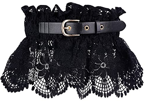 GORGECRAFT Elastische Schwarze Spitze Breiter Bund Aushöhlen Bestickte Spitze Wickelgürtel Mit Verstellbarer Zierschnalle Ledergürtel Für Damen Kleider Alltagskleidung Bekleidungszubehör