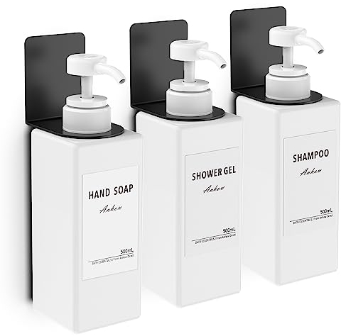 3 Piezas Dispensador Jabon Baño, 500ml Dispensador de Jabón para Pared Sin Necesidad de Taladrar con 3 Soportes y 16 Etiquetas Impermeables para Cocina y Baño, Blanco