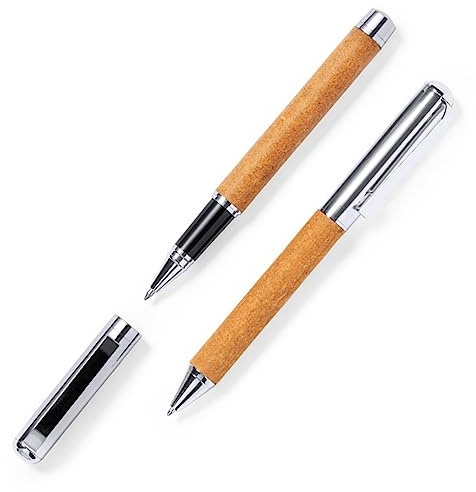 Nachhaltiges Schreibset Metallkugelschreiber und Tintenroller mit Recycling Leder ökologisches Schreibset Drehkugelschreiber und Rollerball aus Metall und Leder