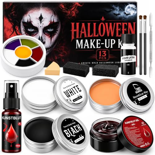 Halloween Schminke Make up Kinderschminke Erwachsene Spezialeffekt Set | Kunstblut, Schminke Schwarz Weiß, Kunstblutgel, 6 Farben Makeup, Palette Scar Wax für Theaterschminke Karneval Face Paint